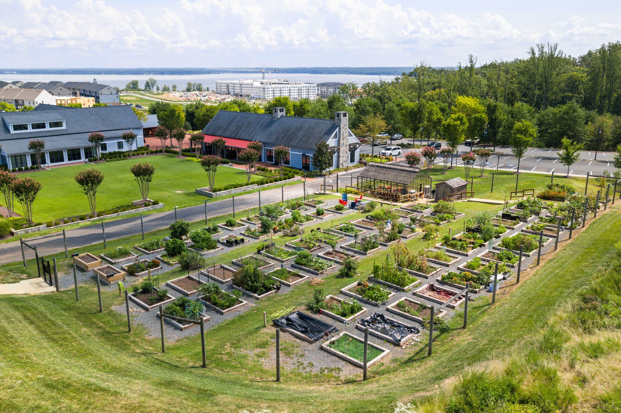Aerial view of community garden plots, close angle