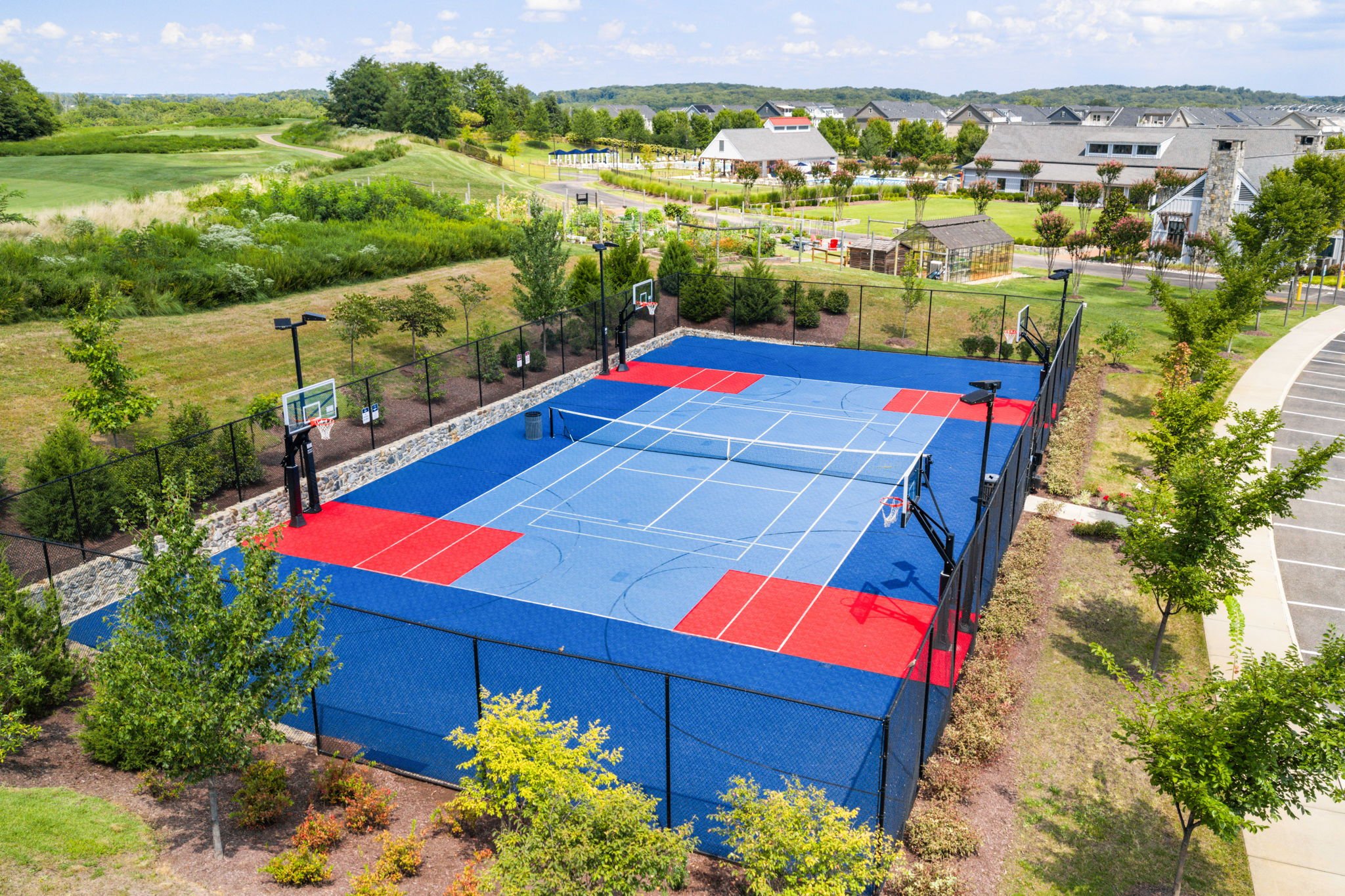 Aerial view of tennis and pickleball courts, close angle