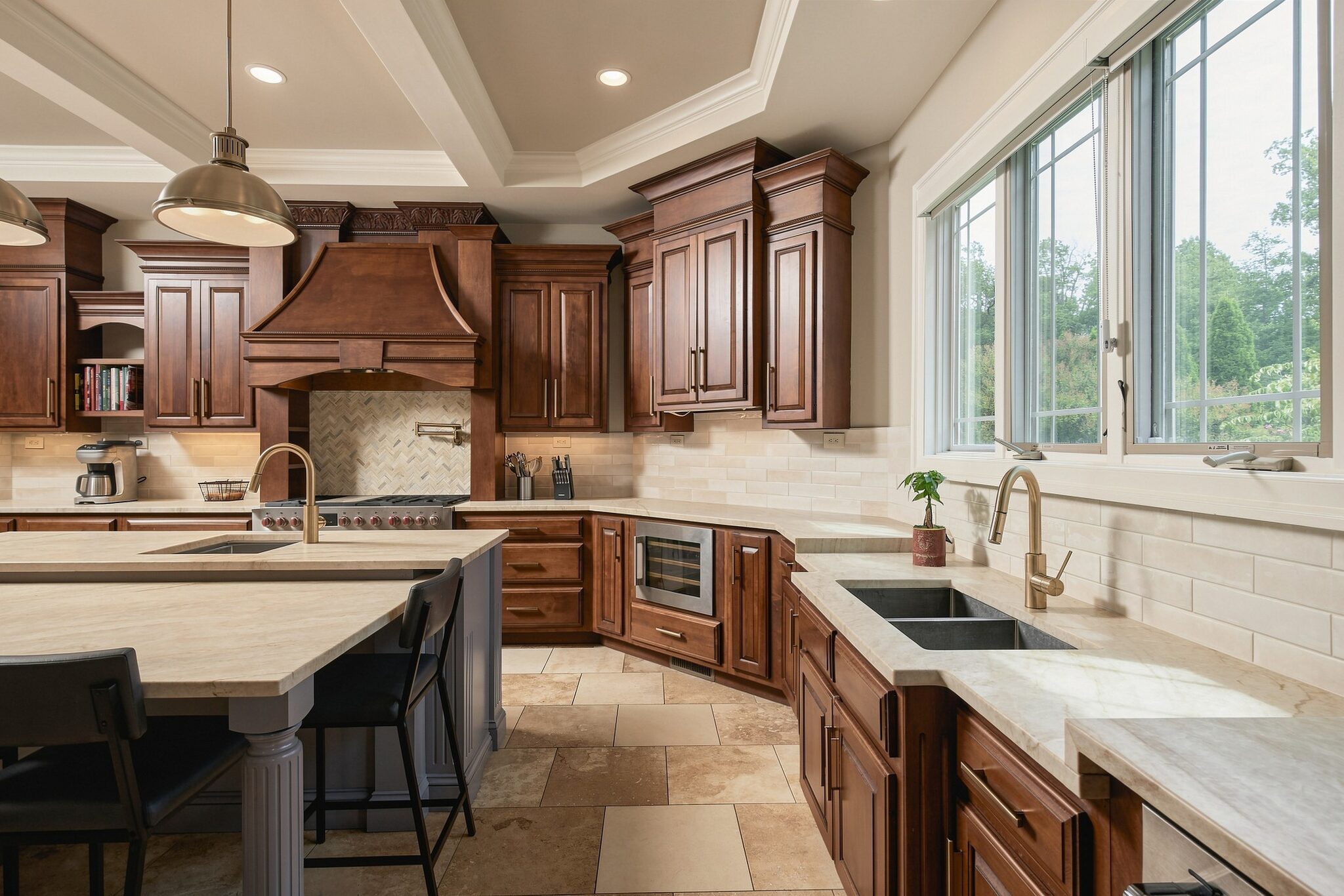 Kitchen with stainless refrigerator, center island seating, and a large garden window