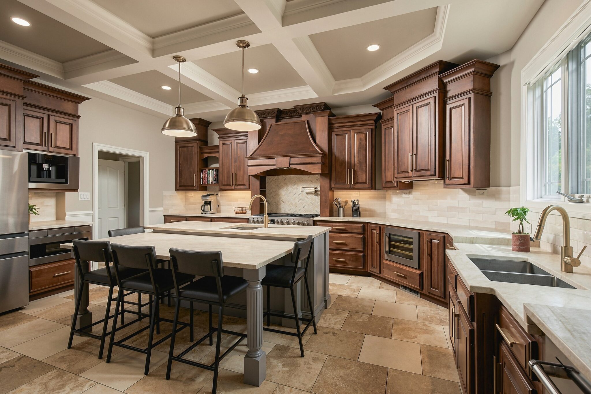 Kitchen island with gas range and dark wood cabinetry