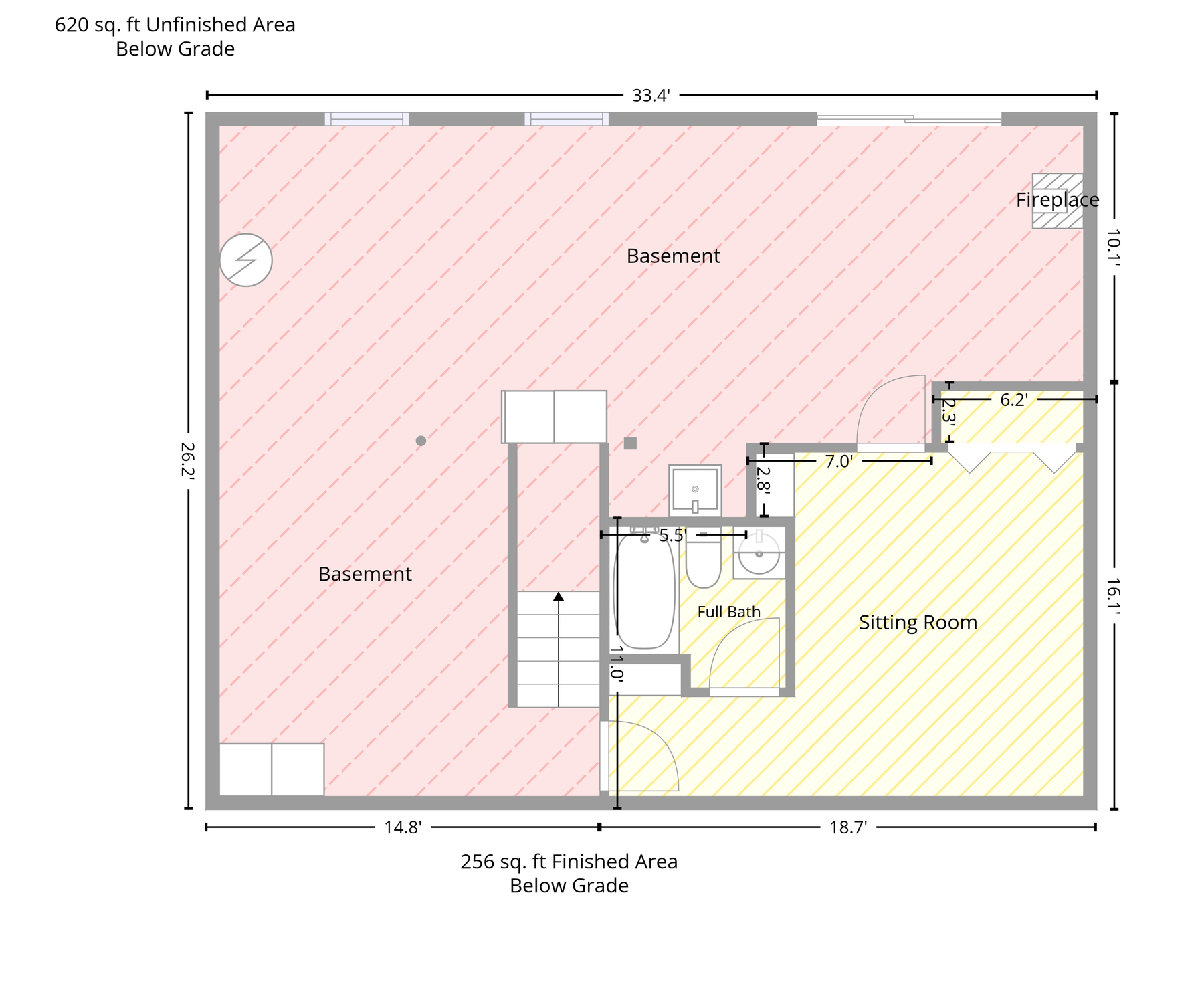 UAD 3.6 GLA floor plan of the basement, 256 square feet finished and 620 square feet unfinished area below grade
