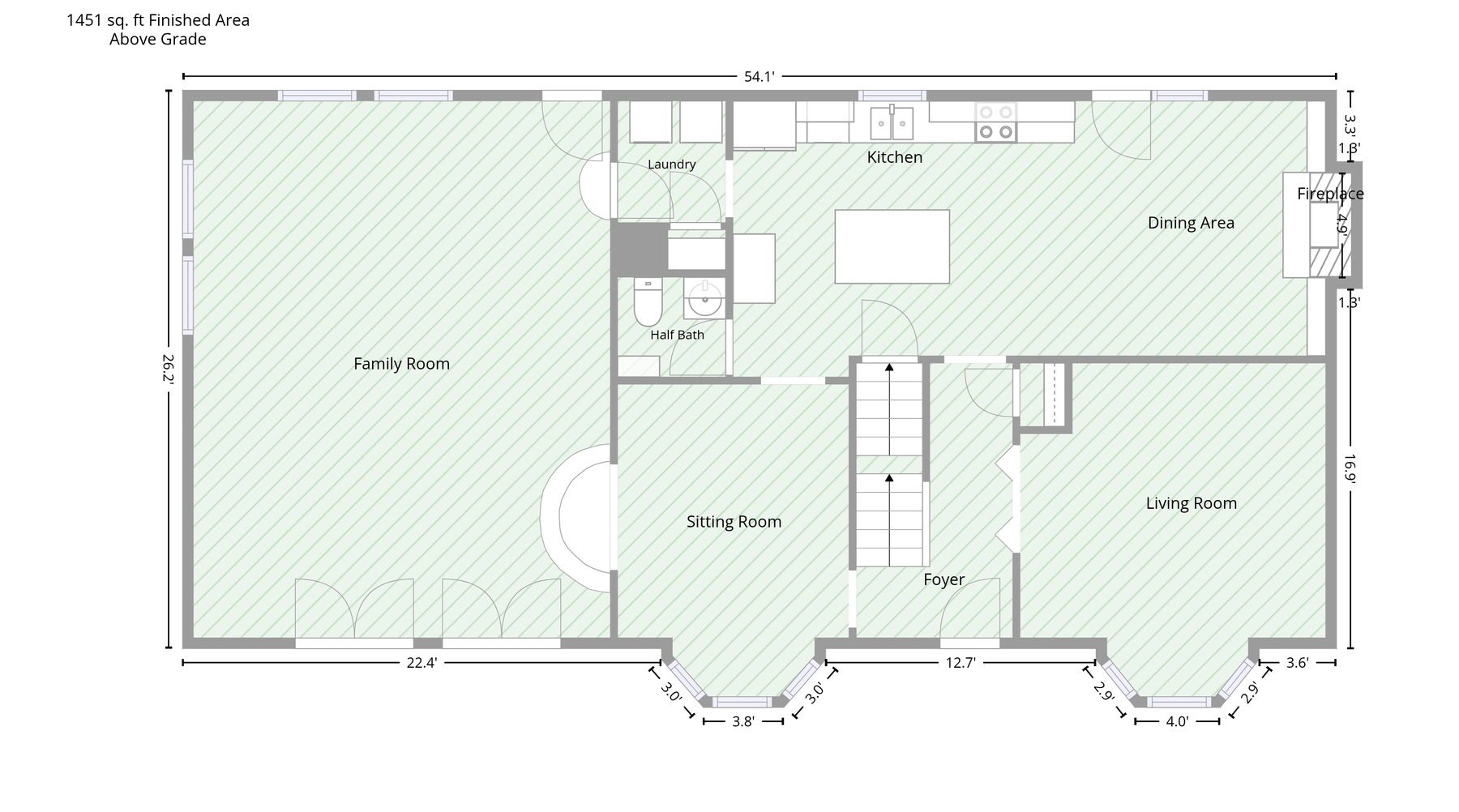 UAD 3.6 GLA floor plan of the main level, 1451 square feet finished area above grade