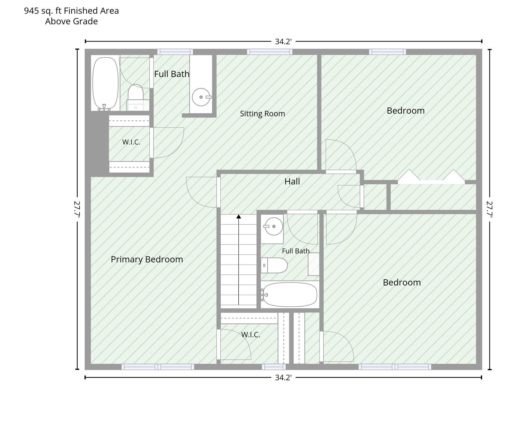 UAD 3.6 GLA floor plan of the upper level, 945 square feet finished area above grade