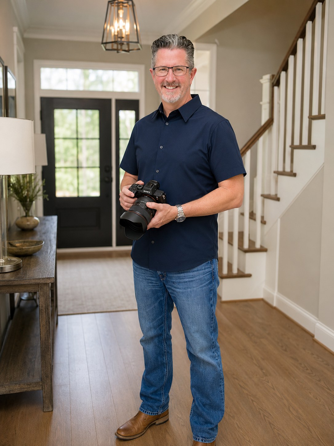 Benjamin Jones, Owner and Chief Photographer at Staircase Photography, holding a camera in a home entryway